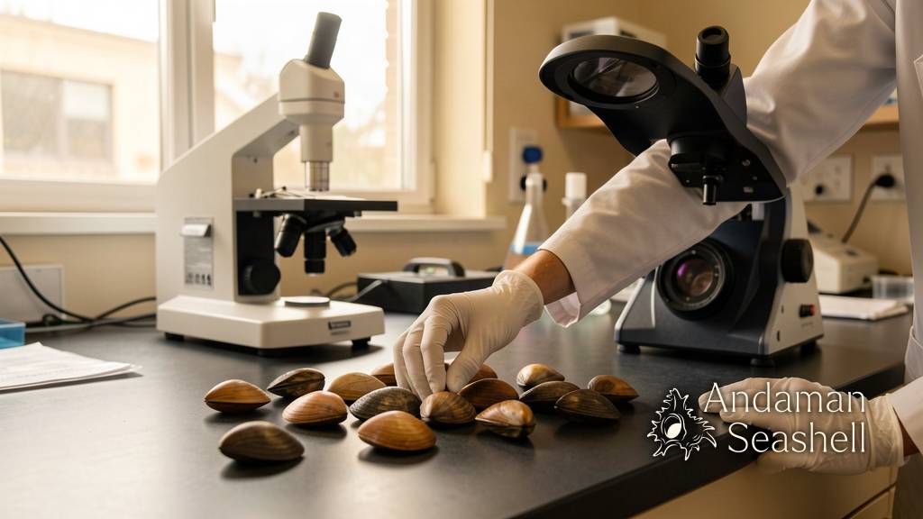 A researcher's gloved hands sorting shells of many colours on a lab bench beside a spectrometer