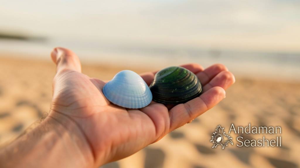 A sunlit hand holding one blue shell and one green shell above a calm beach