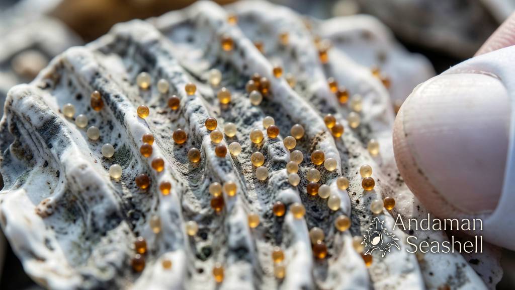 Macro close-up of tiny baby oyster spat attached to weathered recycled shells
