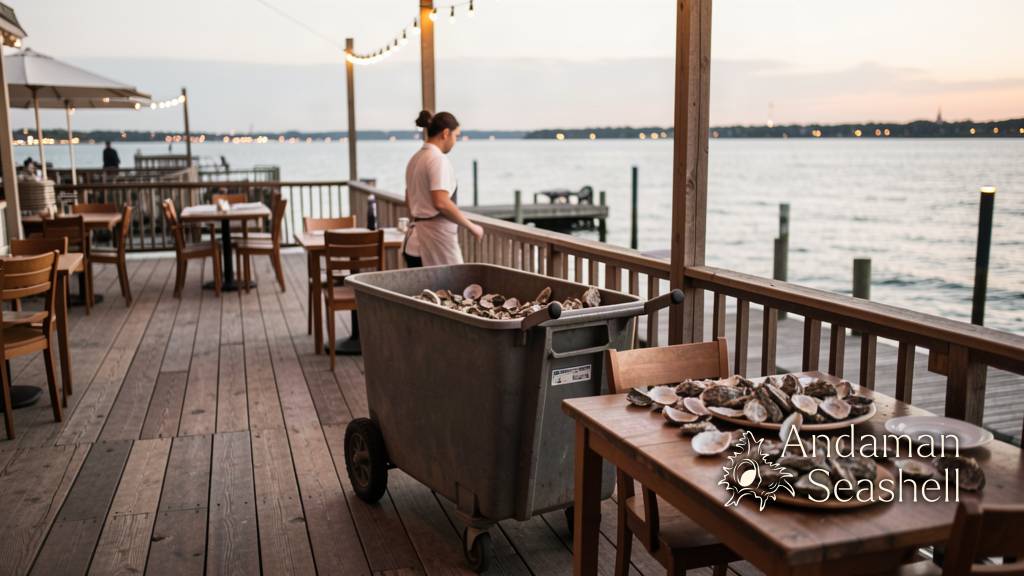 A basket of collected oyster shells on a waterfront restaurant deck at dusk