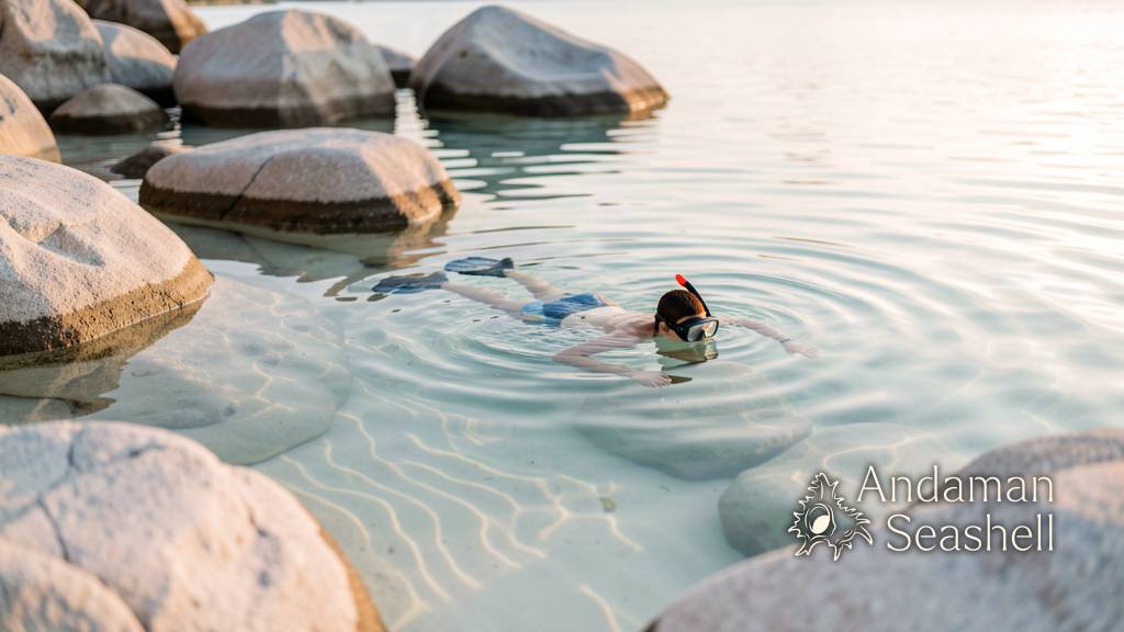 A snorkeller floats in glass-clear water above pale granite and white sand at day's end