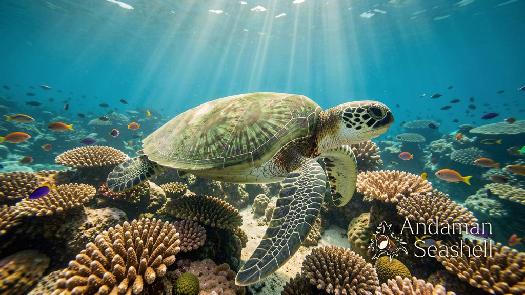 A green sea turtle glides over rested coral reef in the Similans