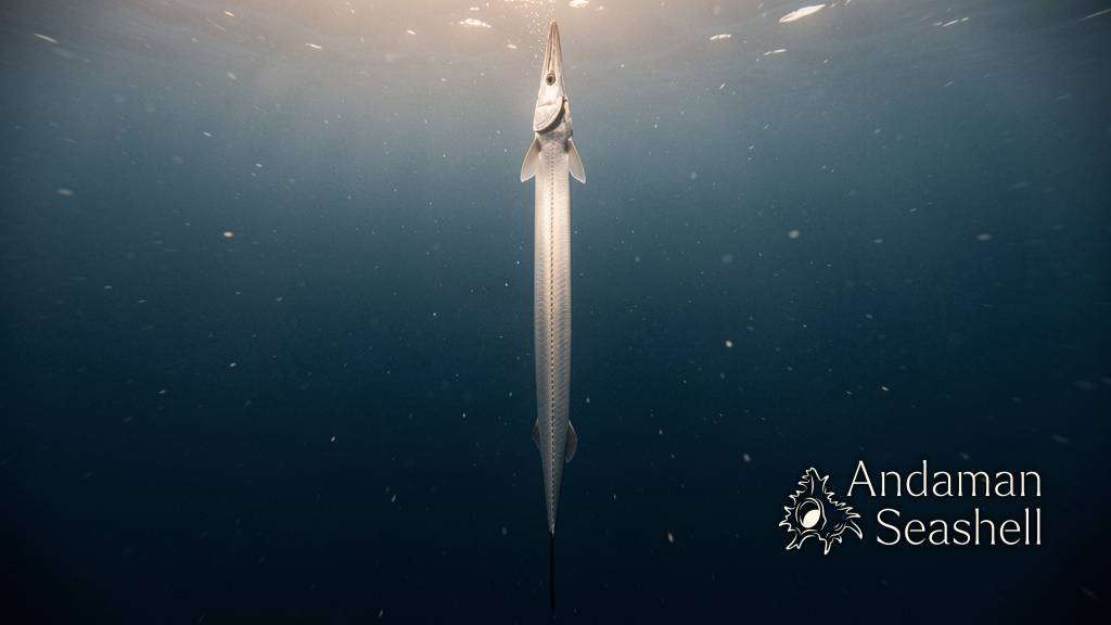 An oarfish hovering vertically in deep blue open water, long dorsal fin visible along its back