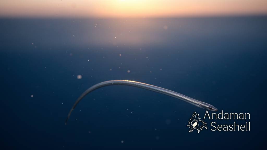 A slender silver eel gliding through deep blue open ocean water at dusk