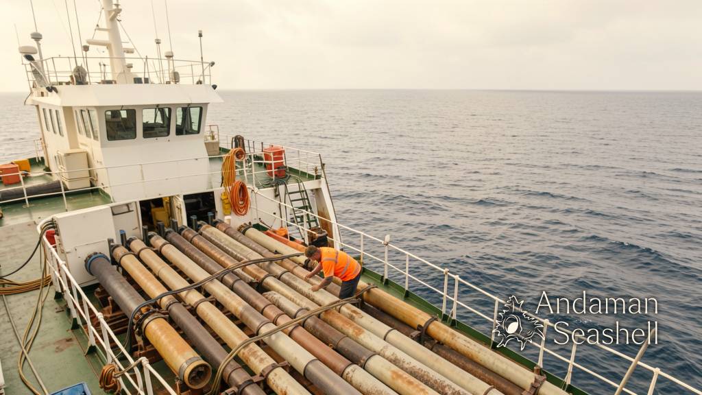 A microscopic spearhead-shaped magnetic particle resting on dark ancient seafloor sediment