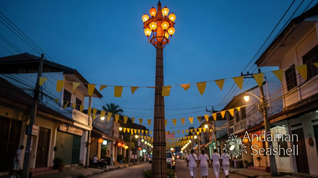 A tall Go Teng pole with nine lanterns glowing at dusk above a Thai town street