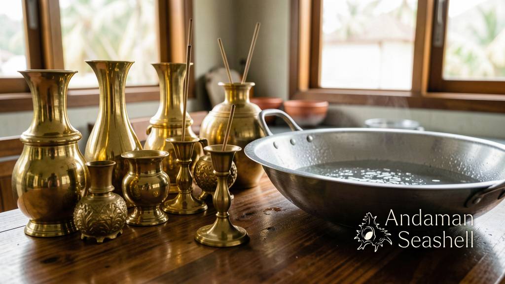 Hands polishing brass incense holders beside a large cleaned shrine wok