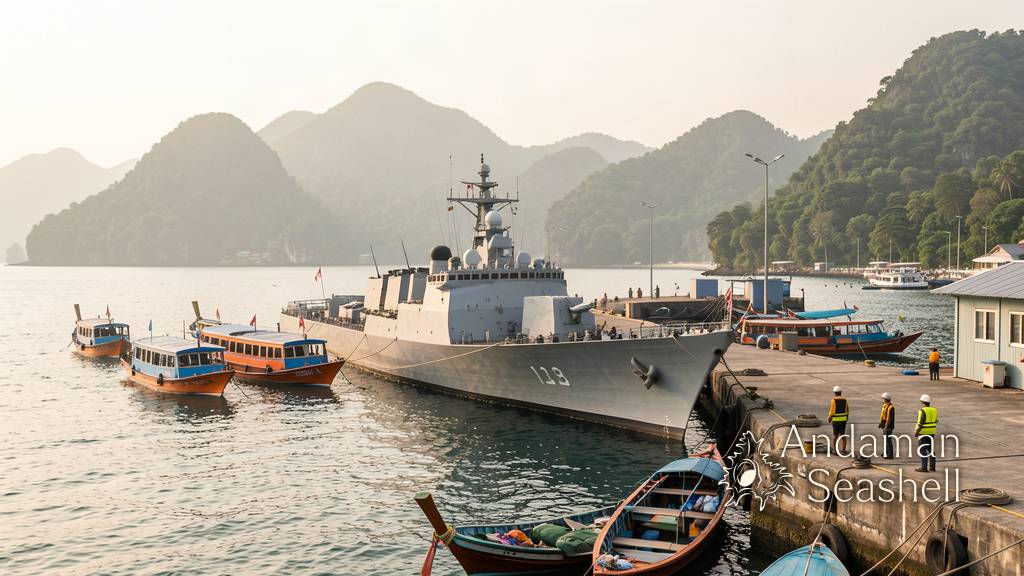 Sailors arriving by boat at Phuket Deep Sea Port with the grey carrier anchored offshore