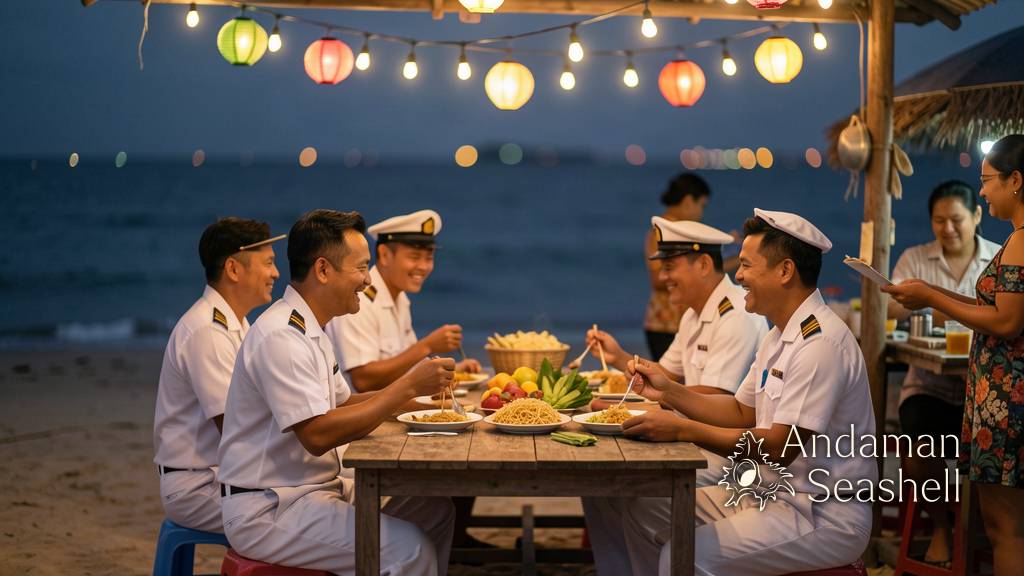 Sailors sharing dinner at a warmly lit Thai beachside food stall in the evening
