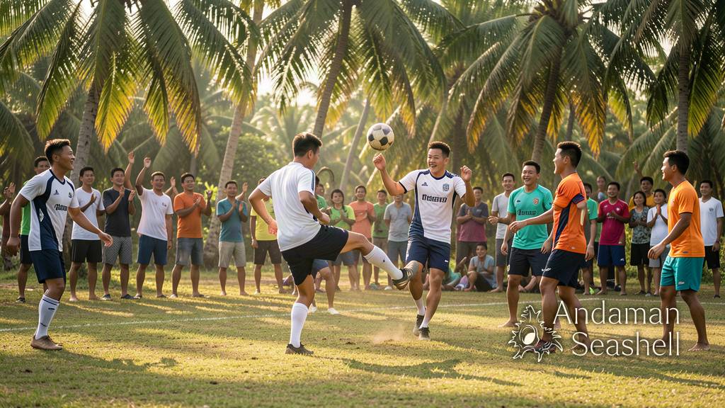 A friendly football match between sailors and local Thai players on a palm-lined pitch