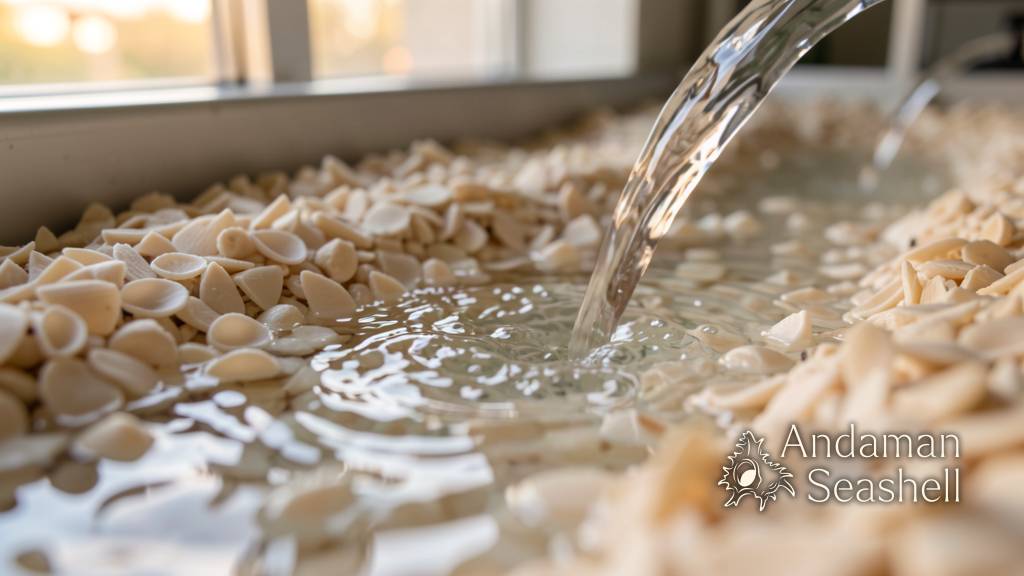 Clear water trickling through a bed of crushed pale shells in a warm-lit laboratory channel