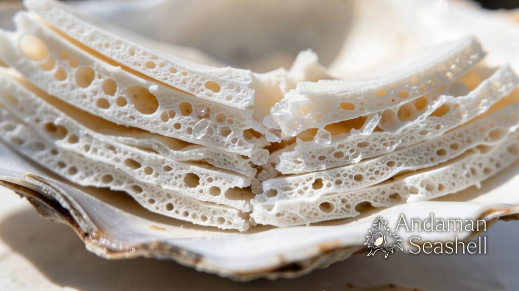 Macro view of a broken oyster shell revealing its layered, porous internal structure