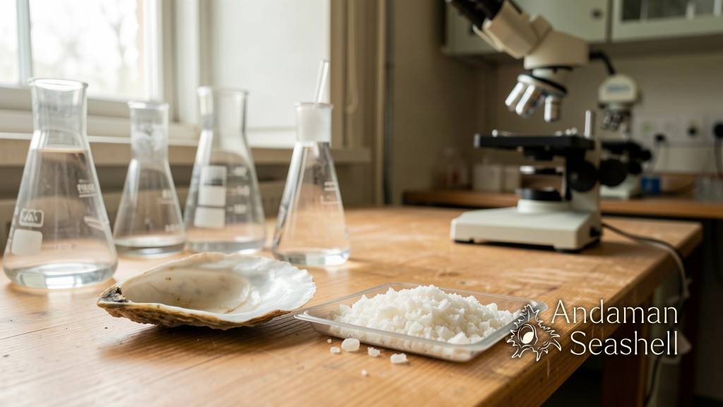A pale oyster shell resting beside laboratory glassware on a wooden bench, morning light