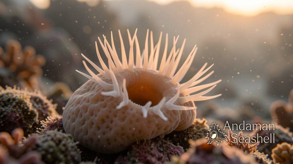 Delicate pale crown-like filaments emerging softly from the opening of a sea sponge on a quiet reef at dusk