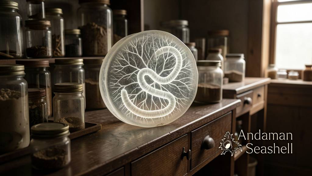 An antique glass sponge specimen in a dark museum drawer, with faint branching worm threads revealed inside as if by X-ray