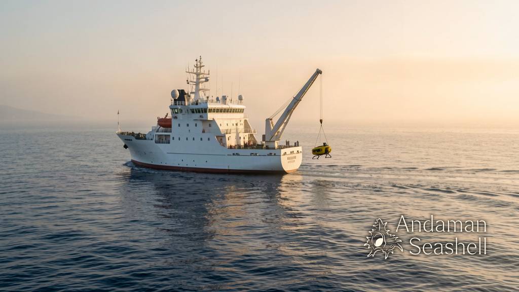 Research vessel lowering a deep-sea robot into the South Atlantic at dawn