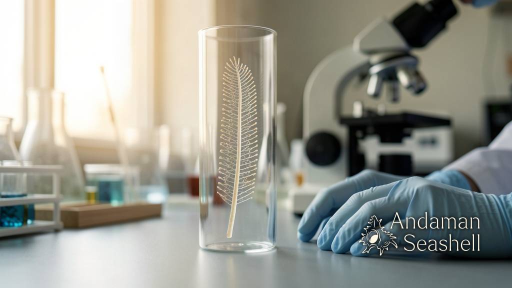 A delicate sea pen specimen under examination in a marine taxonomy laboratory