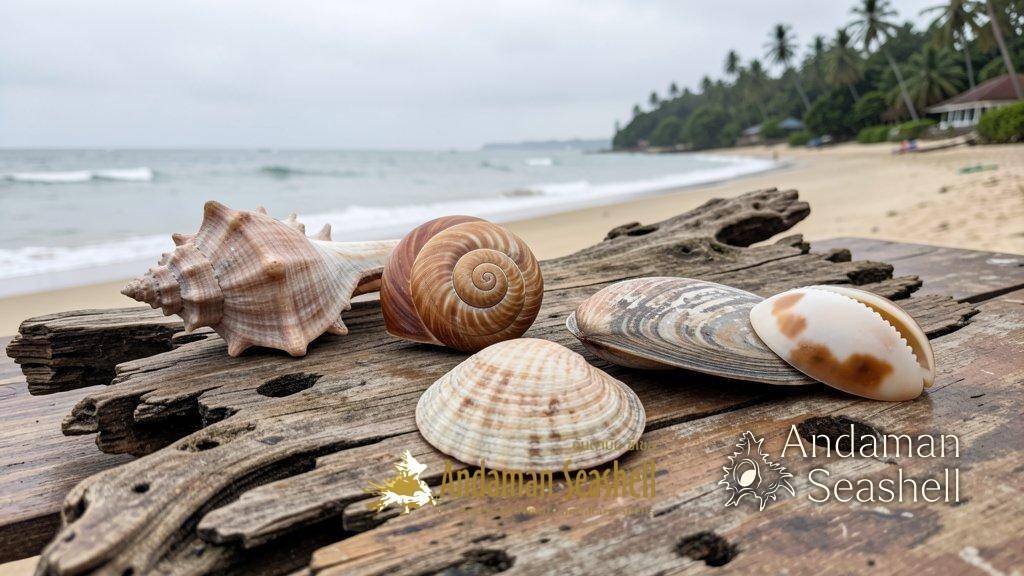 Diverse seashells — a conch, turban shell, clam, and cowrie — arranged on driftwood showing the range of spiral shapes