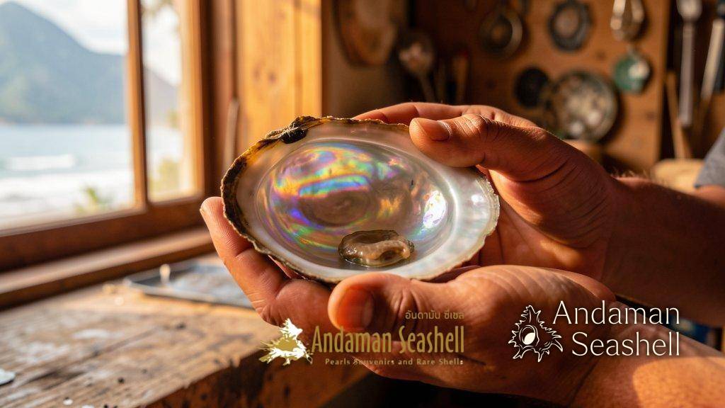 Hands holding a pearl oyster shell open, revealing the iridescent mother-of-pearl nacre interior