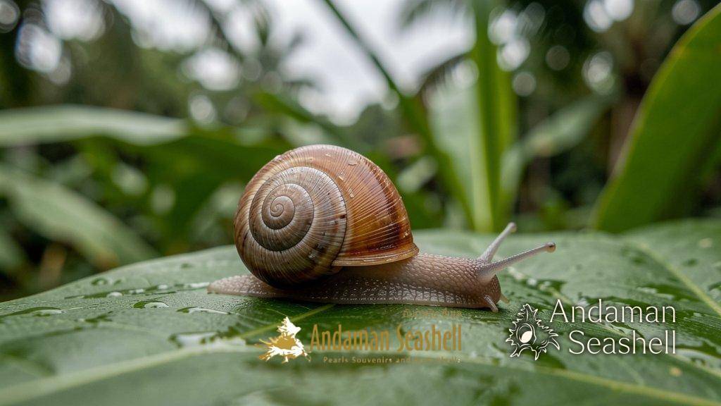A land snail moving across a leaf, its spiral shell visible and glistening, showing growth lines