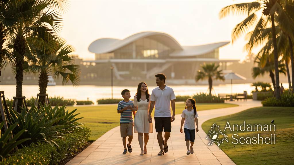 Families strolling a green waterfront promenade at golden hour