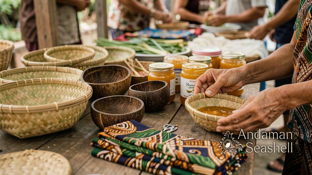 Close-up of a southern Thai craft stall with woven baskets, batik and coconut-shell bowls