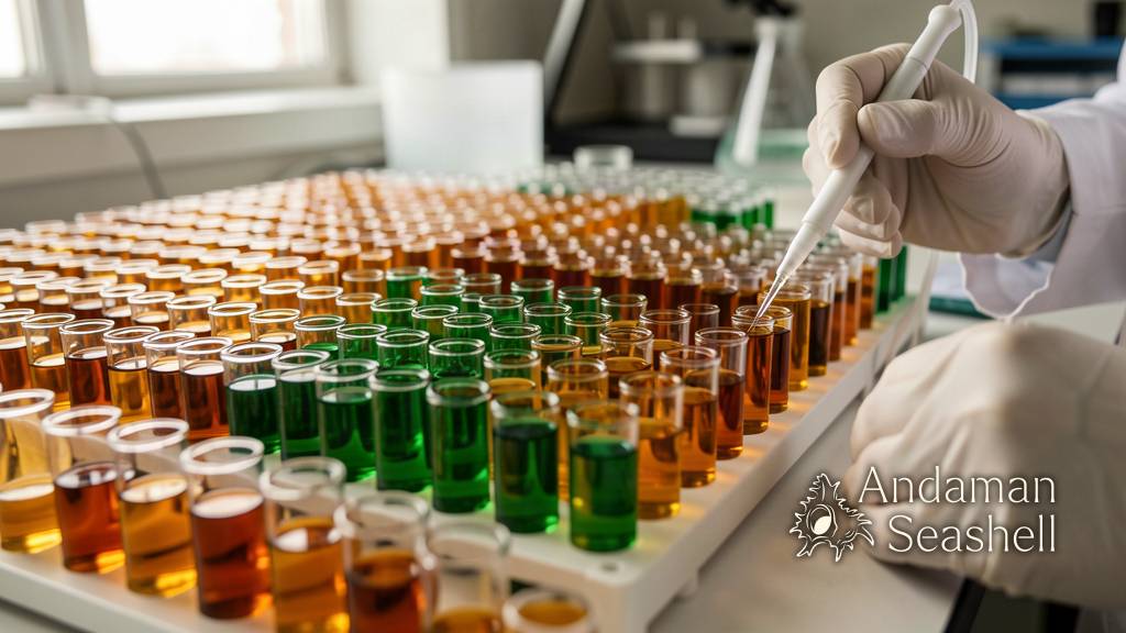Rows of amber and emerald liquid extracts in glass vials on a laboratory rack