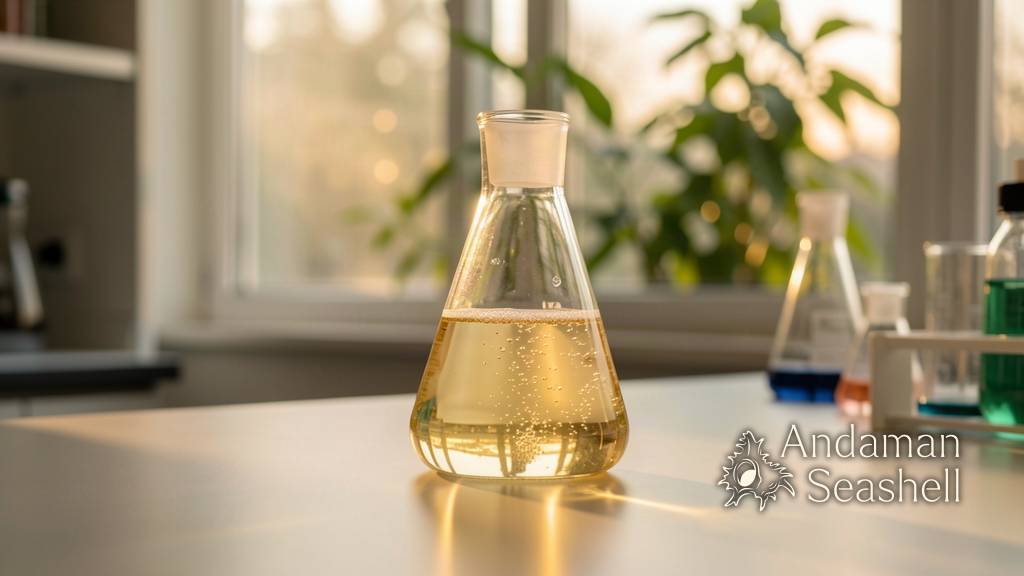 A glass flask of pale golden liquid bubbling gently in warm late-afternoon lab light