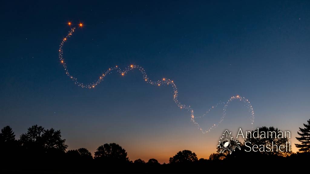 A single meteor streaks at dusk beneath a dragon-shaped chain of stars