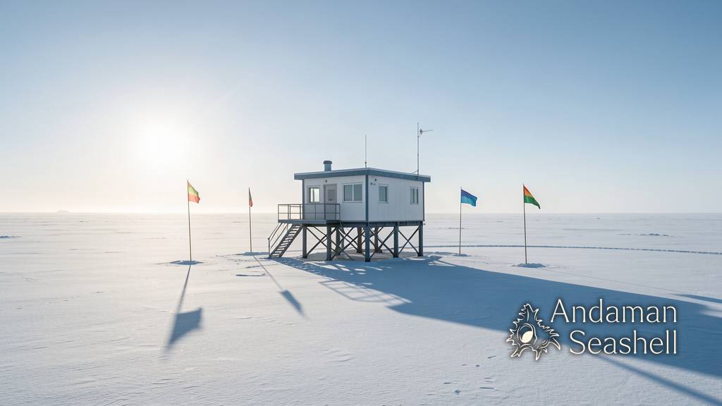 The IceCube laboratory standing alone on the vast South Pole ice sheet