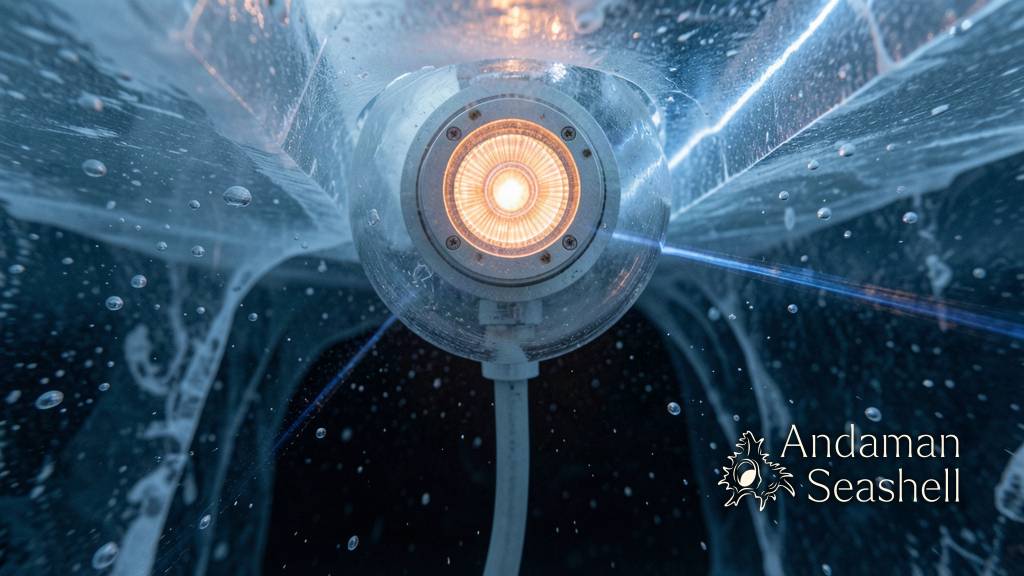 A glowing spherical sensor frozen deep inside crystal-clear Antarctic ice