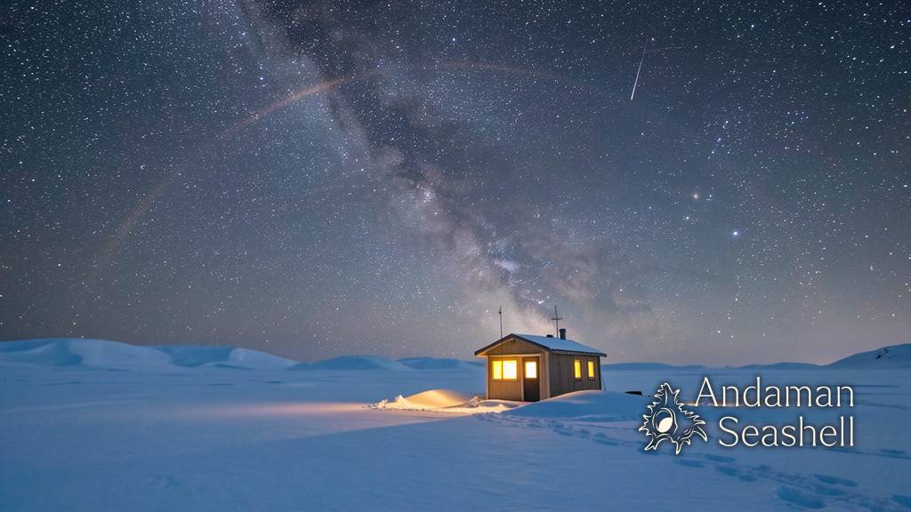 The Milky Way arching over a tiny, warmly lit research station on the Antarctic snow at night