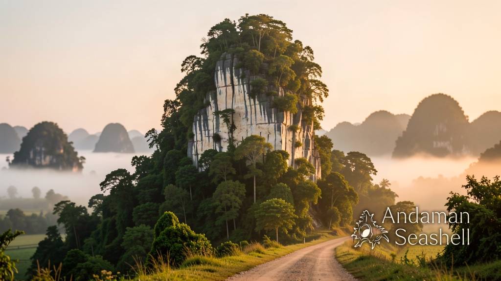 A lone forested limestone karst hill at golden hour, mist in the surrounding valley, soft warm light