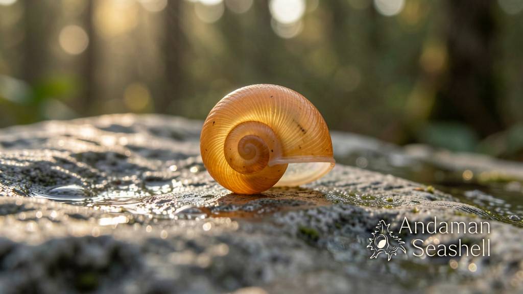 Macro close-up of a tiny glossy snail shell on damp limestone, droplets catching light, diagnostic spiral detail visible
