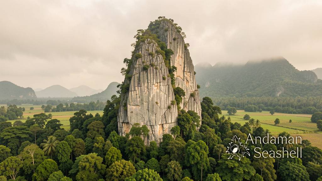 A glossy land snail with flared mantle folds resting on pale grey limestone rock, wide tropical hillside beyond