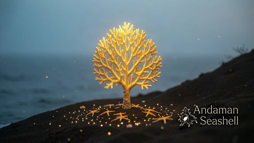 A lone golden coral tree glowing on a dark deep-sea ridge