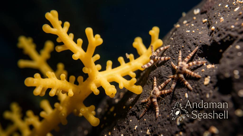 Macro view of a yellow octocoral branch among brittle stars on dark rock