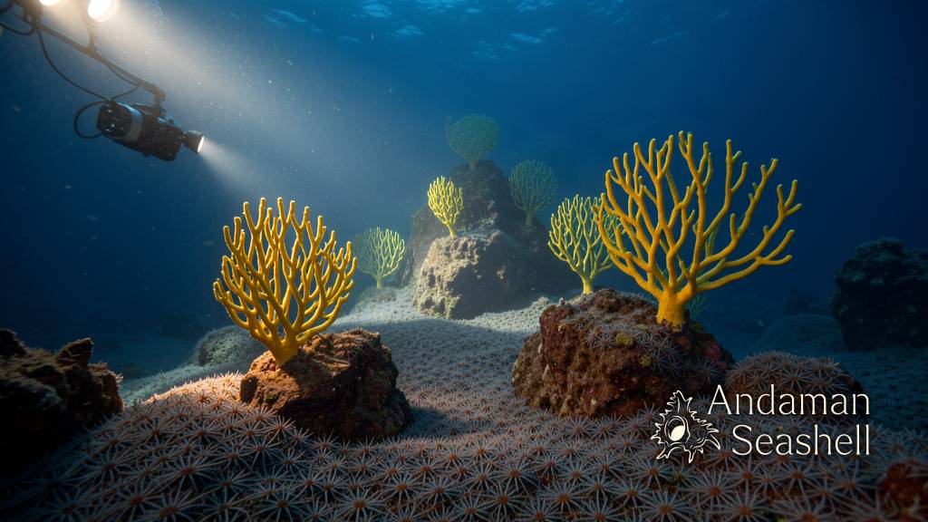 A yellow branching coral tree rising from a seafloor crowded with brittle stars