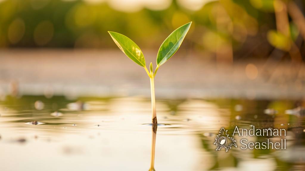 A single young mangrove seedling standing upright in glassy calm shallow water, its root tip just anchored in pale mud