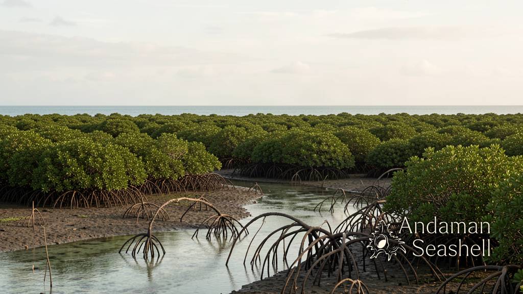 A wave visibly softening into ripples as it meets the tangled stilt roots of a dense emerald mangrove forest