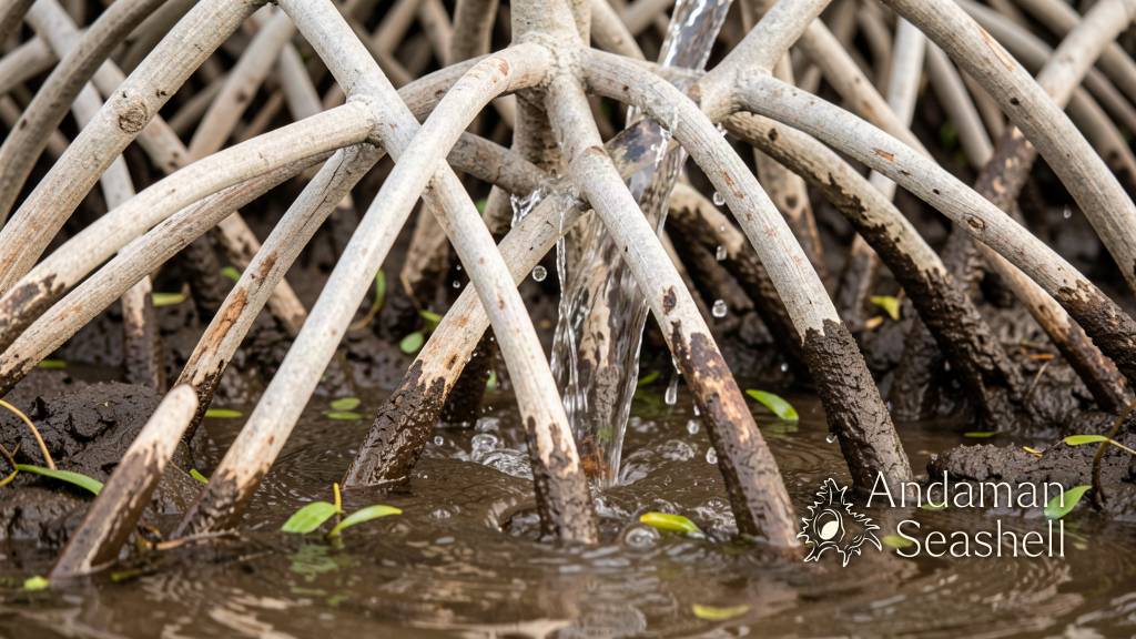 Close-up of tangled pale mangrove stilt roots gripping wet mud as a sheet of seawater slides down between them