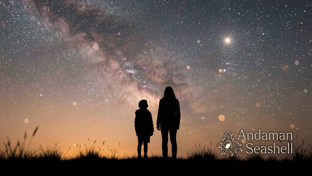 A child and an adult looking up at the starry sky together