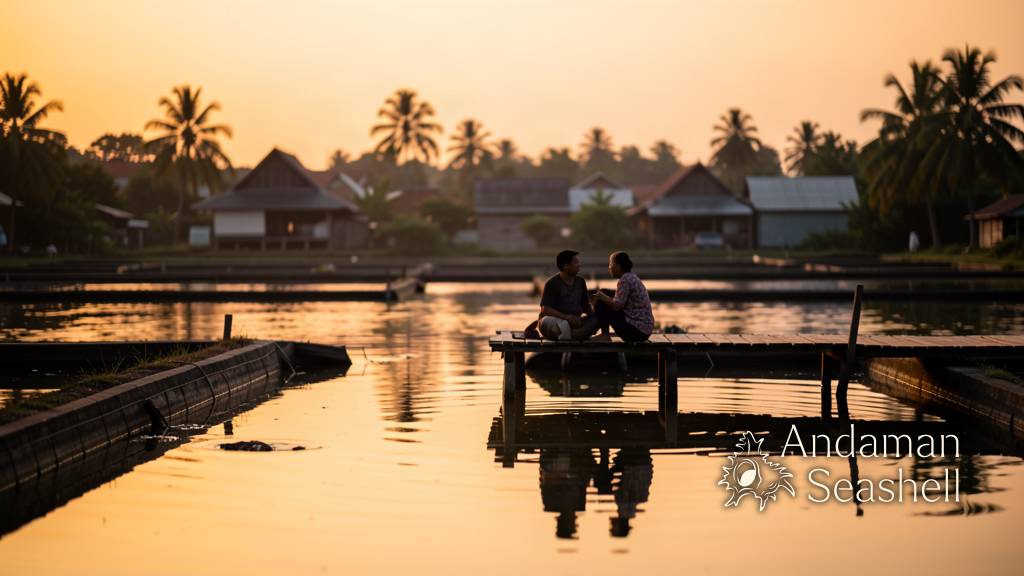 Neighbours talking on a pier between calm ponds at dusk