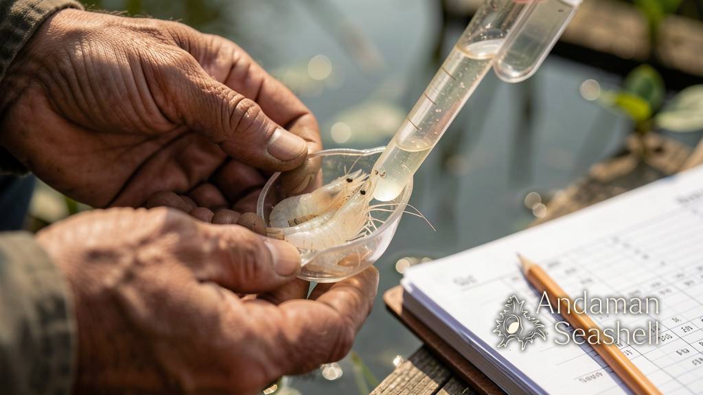 Farmer's hands holding shrimp and a water test scoop