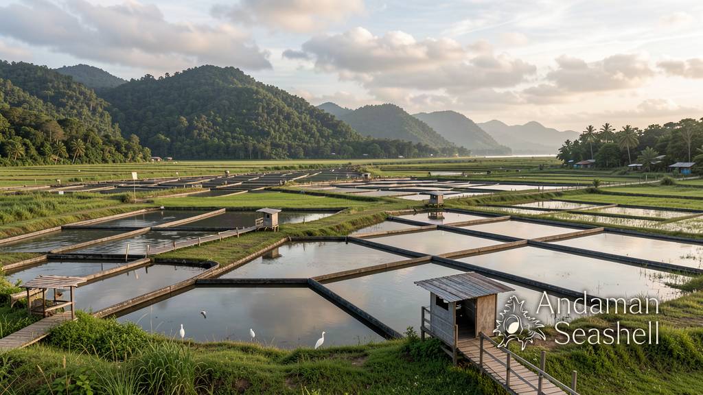 Aerial dawn view of aerators spinning spray over shrimp ponds