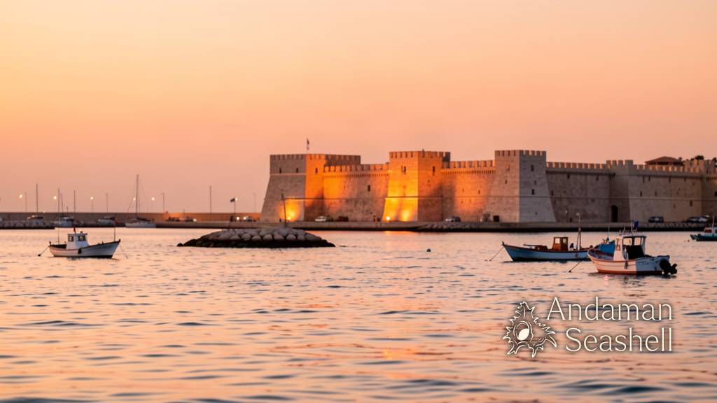 Alexandria harbour at dusk, the stone fortress built from lighthouse ruins glowing in calm evening light