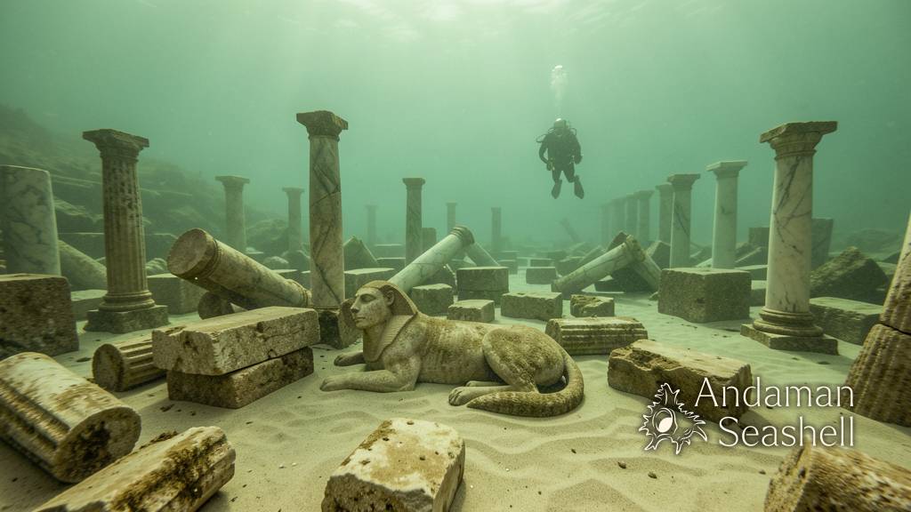 A diver's gloved fingertip holds a small bronze ring underwater, sunlight catching the engraved lighthouse