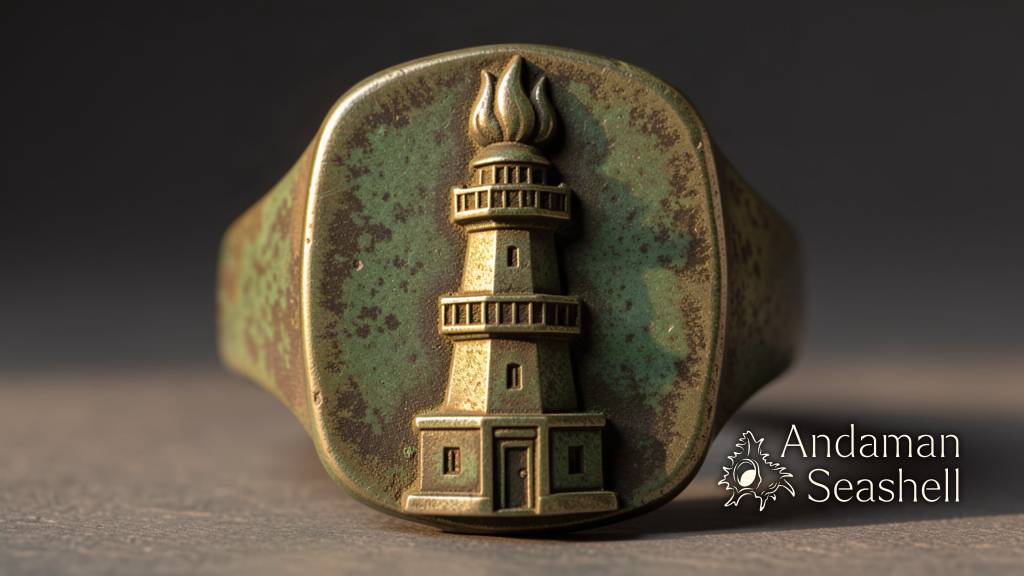 Macro view of the bronze ring's engraved face showing the three-tier lighthouse relief