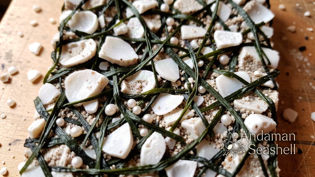 Macro detail of crushed oyster shell fragments embedded in dried seaweed fibre