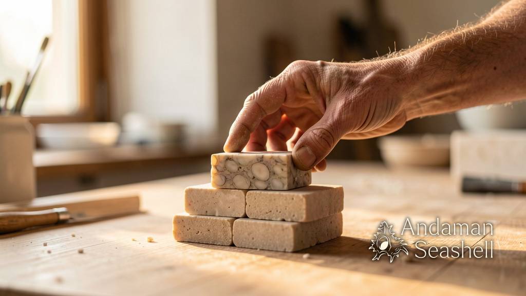 Hands placing a finished oyster-shell block atop a small stack in warm studio light